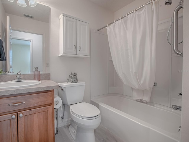 bathroom with toilet, shower / bath combination with curtain, vanity, and visible vents