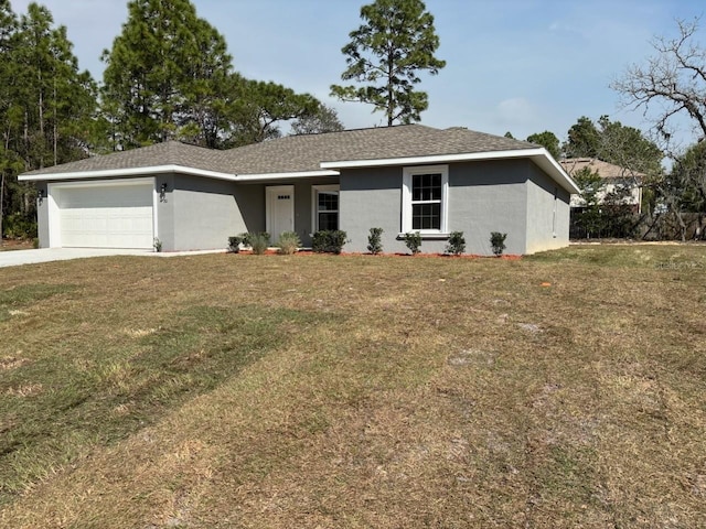 ranch-style house with stucco siding, a shingled roof, a garage, driveway, and a front lawn