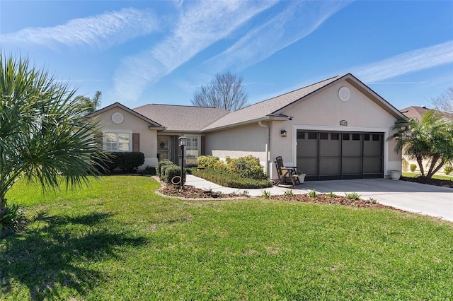 single story home featuring an attached garage, a front lawn, concrete driveway, and stucco siding