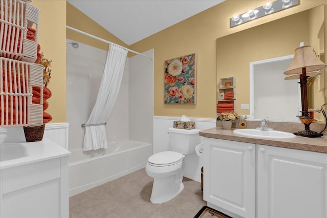 1923 Greeleyville Ter, The Villages, FL 32162 - bathroom featuring wainscoting, toilet, shower / bathtub combination with curtain, tile patterned flooring, and vanity