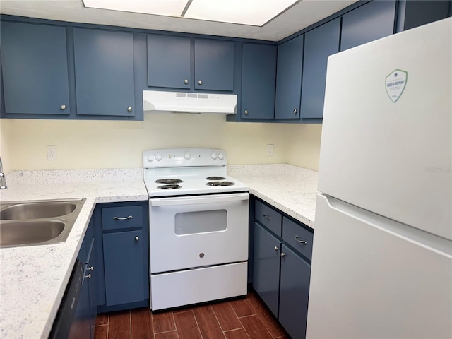 kitchen with blue cabinets, white appliances, a sink, and under cabinet range hood