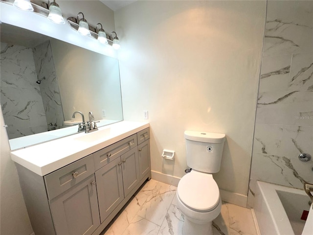 bathroom featuring marble finish floor, baseboards, vanity, and toilet