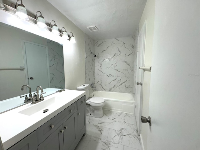 full bath with visible vents, toilet, marble finish floor, a textured ceiling, and vanity