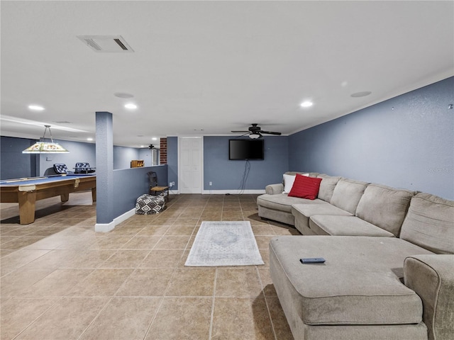 living area with baseboards, visible vents, tile patterned floors, pool table, and recessed lighting