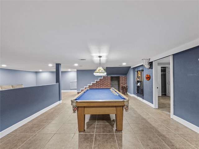 game room featuring tile patterned flooring, pool table, and baseboards