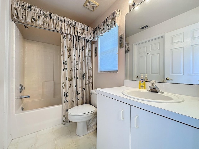 full bath with shower / bath combination with curtain, visible vents, vanity, and toilet