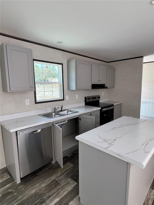 kitchen with dark wood finished floors, gray cabinets, electric range, a sink, and dishwasher