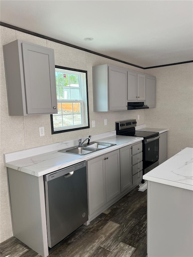 kitchen featuring stainless steel appliances, range hood, gray cabinets, and a sink