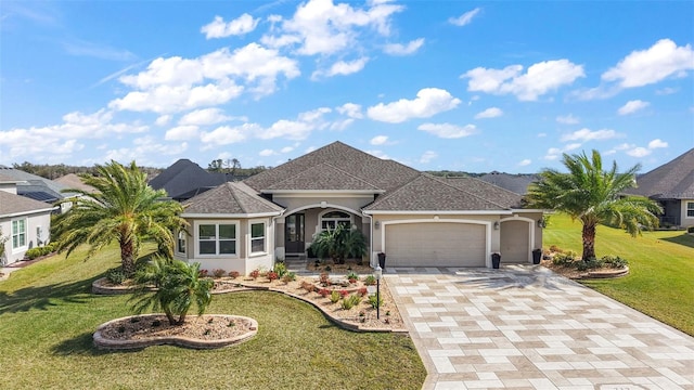 ranch-style home featuring an attached garage, a shingled roof, decorative driveway, stucco siding, and a front yard