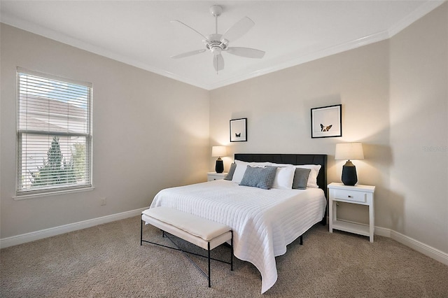 bedroom with carpet floors, ornamental molding, and baseboards