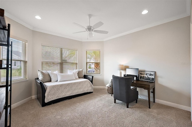 bedroom featuring carpet, baseboards, crown molding, and recessed lighting