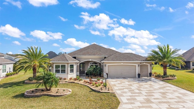 ranch-style house featuring a front lawn, decorative driveway, an attached garage, and stucco siding