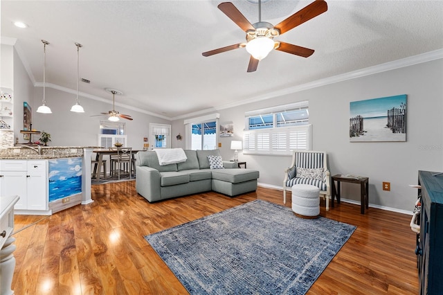 living area with light wood-style flooring, ornamental molding, a textured ceiling, baseboards, and vaulted ceiling