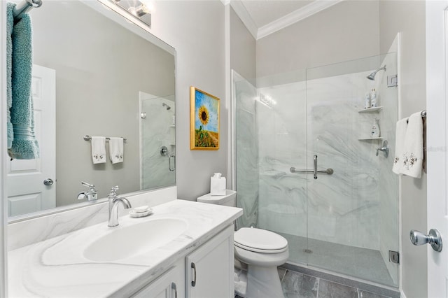 full bath with a marble finish shower, vanity, toilet, and crown molding