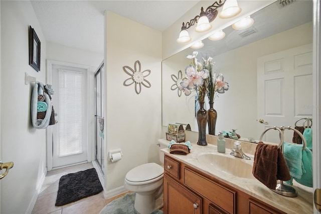 full bath featuring visible vents, toilet, a shower stall, vanity, and tile patterned flooring