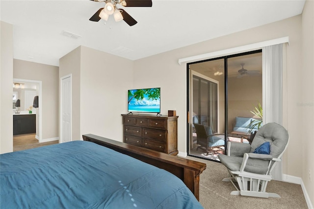 bedroom with a ceiling fan, visible vents, baseboards, access to outside, and carpet