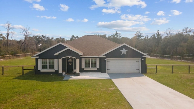 ranch-style house with a garage, concrete driveway, fence, and a front lawn