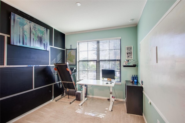 carpeted office featuring crown molding and baseboards