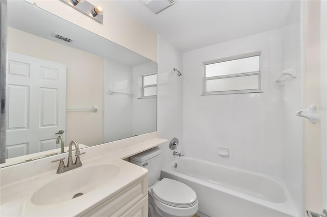 bathroom with toilet, shower / bathing tub combination, vanity, and visible vents