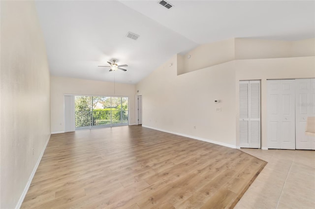 unfurnished living room with ceiling fan, light wood-style flooring, and baseboards