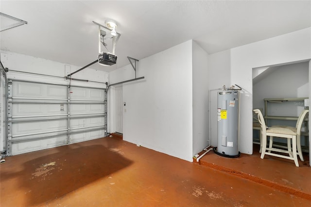 garage with a garage door opener and electric water heater