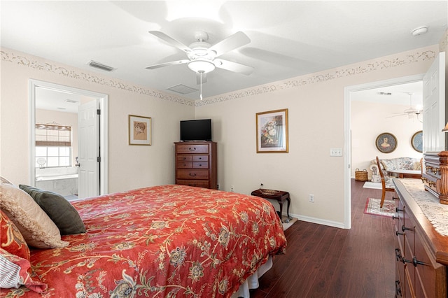 bedroom featuring dark wood-style floors, baseboards, visible vents, and ceiling fan