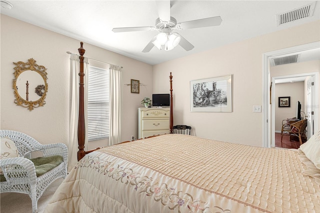 bedroom with ceiling fan and visible vents