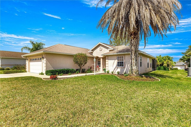 ranch-style house with an attached garage, central air condition unit, concrete driveway, stucco siding, and a front lawn