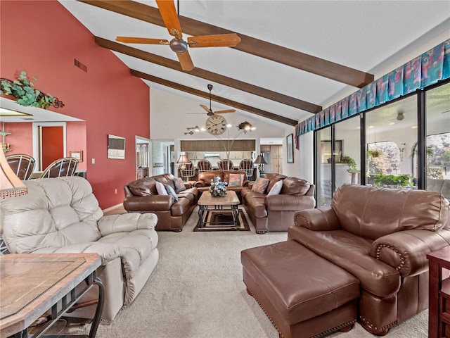 carpeted living area featuring ceiling fan, high vaulted ceiling, beam ceiling, and visible vents