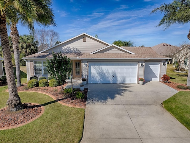 ranch-style house featuring a garage, a front yard, concrete driveway, and roof with shingles