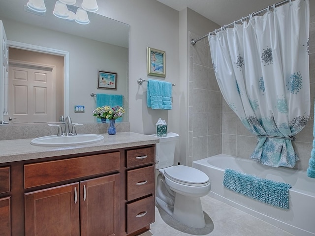 full bath with shower / tub combo, vanity, toilet, and tile patterned floors