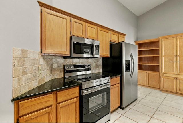 kitchen featuring light tile patterned floors, open shelves, appliances with stainless steel finishes, and tasteful backsplash