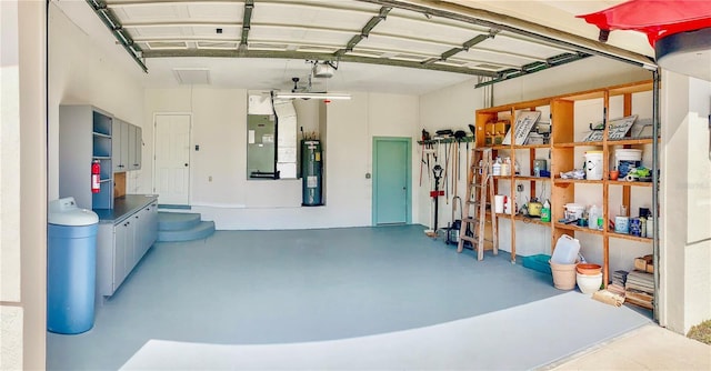 garage featuring a garage door opener, water heater, and heating unit