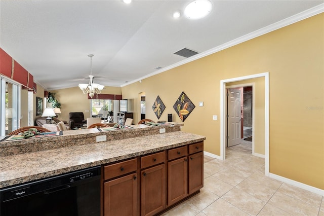 kitchen with visible vents, open floor plan, vaulted ceiling, dishwasher, and crown molding