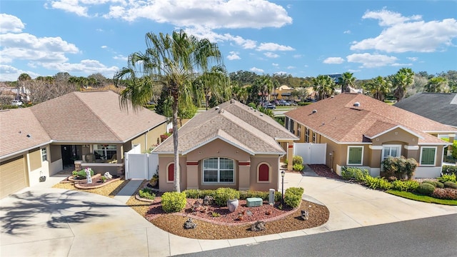 ranch-style house featuring driveway, fence, a gate, and stucco siding