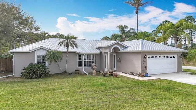 single story home with concrete driveway, metal roof, a front lawn, and stucco siding