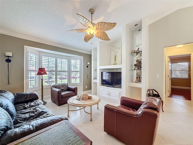 living room with light tile patterned floors, built in features, baseboards, crown molding, and a textured ceiling