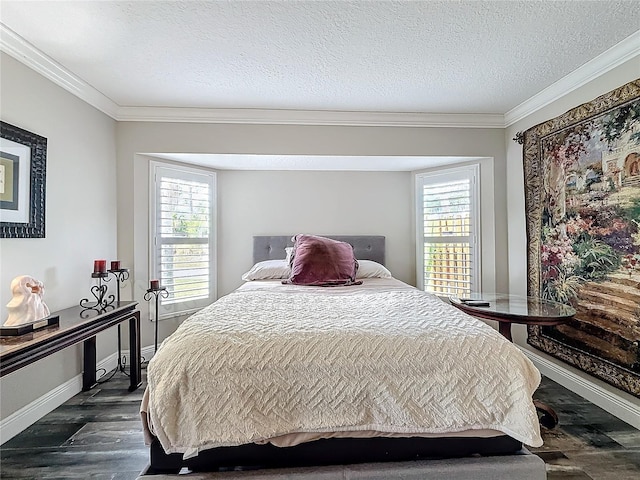 bedroom featuring a textured ceiling, dark wood-style flooring, multiple windows, and crown molding