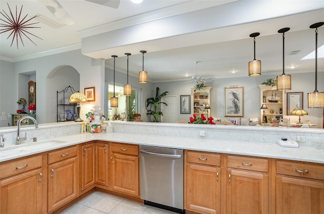 kitchen with light tile patterned floors, visible vents, stainless steel dishwasher, ornamental molding, and a sink