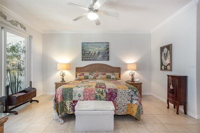 tiled bedroom with ceiling fan, ornamental molding, and baseboards