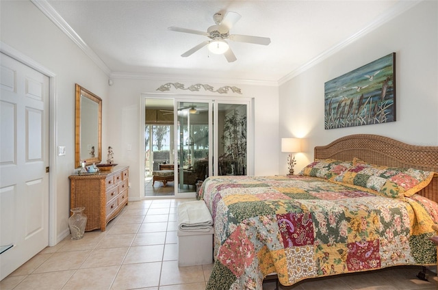 bedroom featuring ornamental molding, access to outside, a ceiling fan, and light tile patterned floors