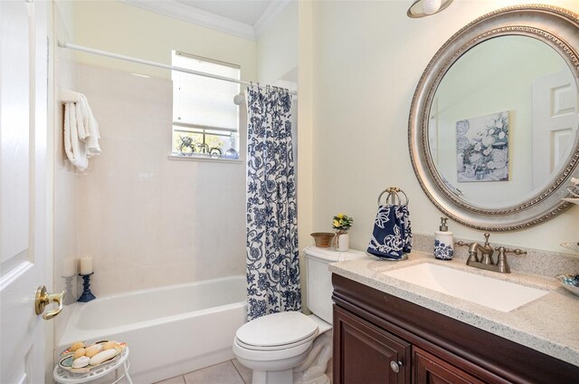 full bathroom featuring crown molding, toilet, shower / bath combo with shower curtain, vanity, and tile patterned floors