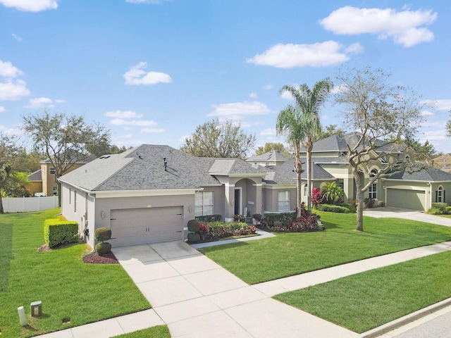 view of front of property featuring a front lawn, driveway, an attached garage, and stucco siding