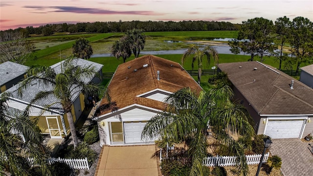 drone / aerial view featuring a water view