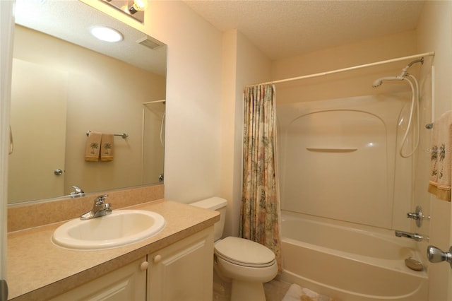 bathroom with shower / tub combo, visible vents, toilet, a textured ceiling, and vanity