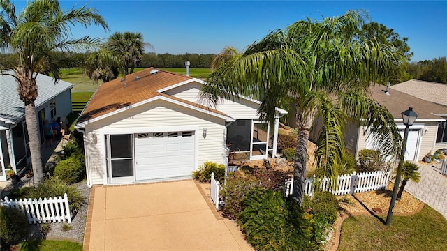 view of front facade featuring a garage, a sunroom, fence, and concrete driveway