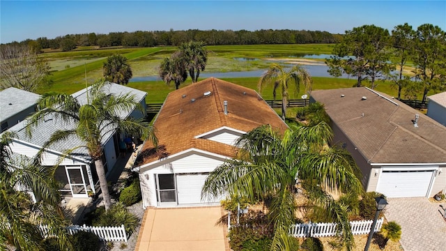 drone / aerial view featuring a water view