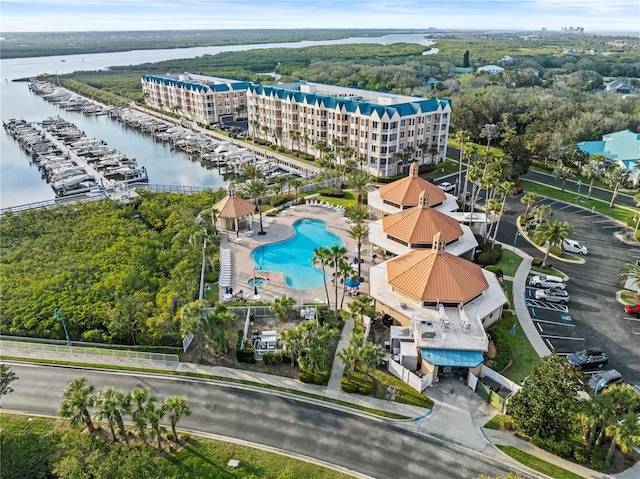 bird's eye view featuring a water view