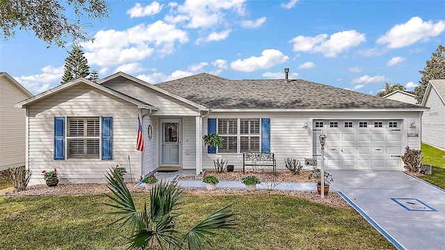 ranch-style home with a garage, concrete driveway, roof with shingles, and a front lawn