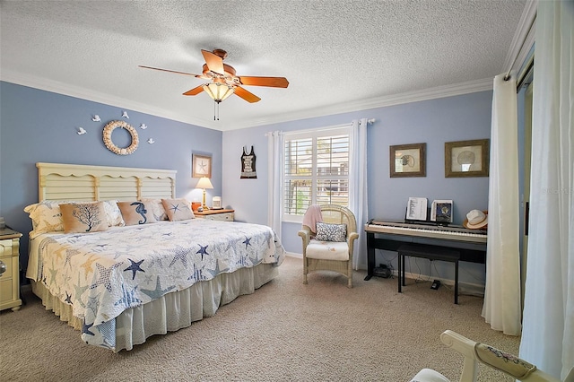 carpeted bedroom with crown molding, a textured ceiling, baseboards, and ceiling fan